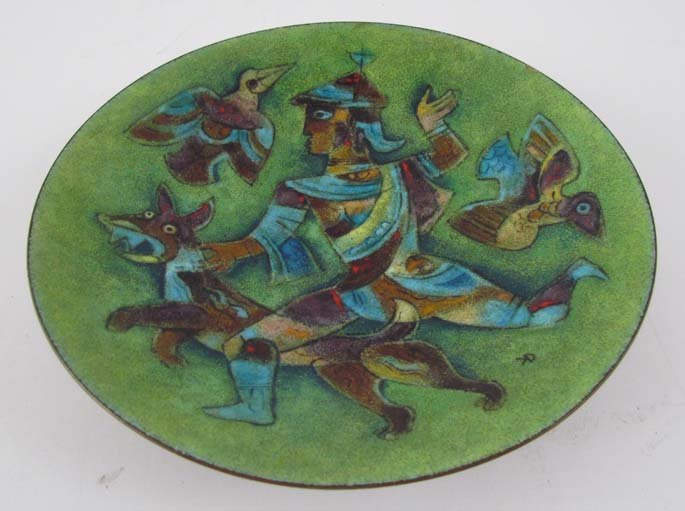 Copper Enamel Bowl w Hunting scene: Artist: JD Title: Colorful Copper Enamel bowl with man in middle eastern dress, dog and birds, signed JD Date: ca 1950's Medium: copper enamel Dimensions: 1.5 x 7.25 x 7.25 inches Signature: si