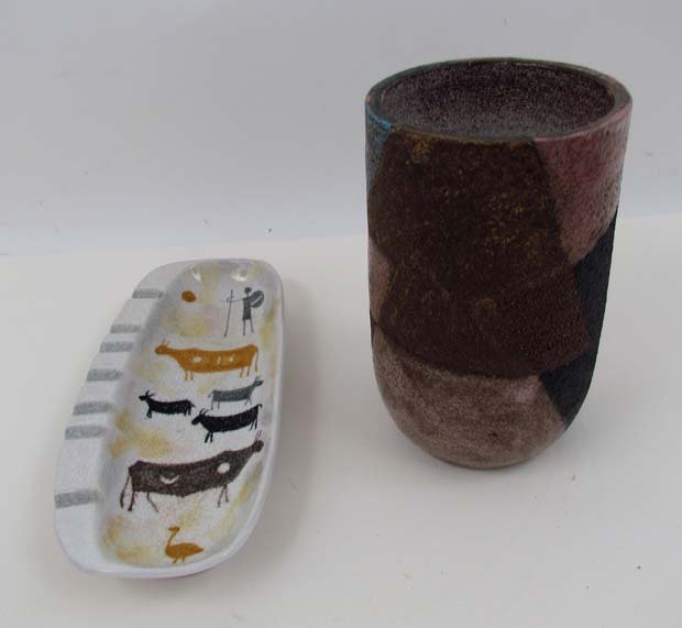 2 good pc.s Italian Mid Century Pottery, Raymor & 1: Artist: Raymor Title: Pictograph decorated ashtray and Geometric decorated Vase Date: mid 50's Medium: glazed ceramic Dimensions: 11.4 x 5 inches ashtray and 8.25 inches tall vase Signature: bo