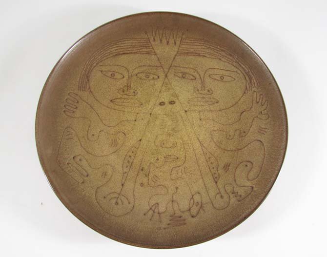 Edwin & Mary Scheier Charger with Divided Figure: Artist: Scheier, Edwin (American, born 1910-2008) and Mary Goldsmith Scheier (American 1910-2007) Title: Charger with Divided Figure Date: 1950's Medium: glazed and incised earthenware platter Dimensi