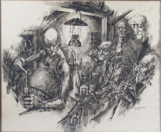 Mario de Miranda "Bar in Goa" watercolor: Artist: de Miranda, Mario (Indian 1926-2011) (Padma Vibhushan Mario João Carlos do Rosario de Brito Miranda) Title: Bar in Goa with soft bound "Sketchbook" by Mario dating from around the same period