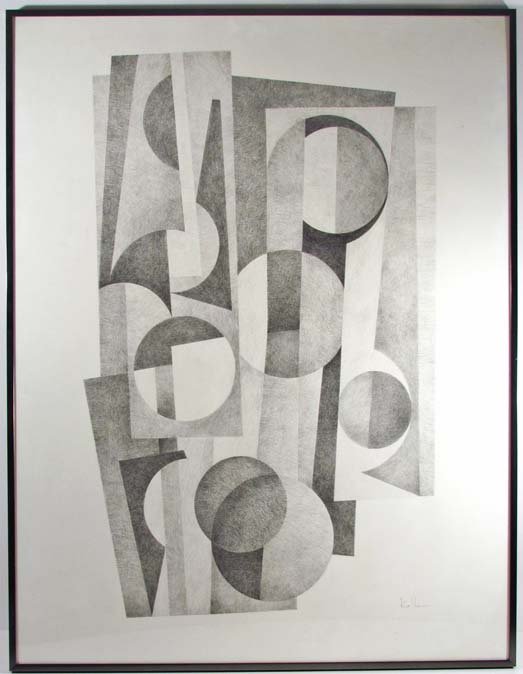 Erwin Kalla Cubist Geometric Graphite Drawing: Artist: Kalla, Erwin (American 1925-2005) Title: Cubist Geometric Drawing Medium: pencil on paper Dimensions: 39.5 x 31.5 inches (visible sheet size) Signature: Signed Kalla lower right Provenance: