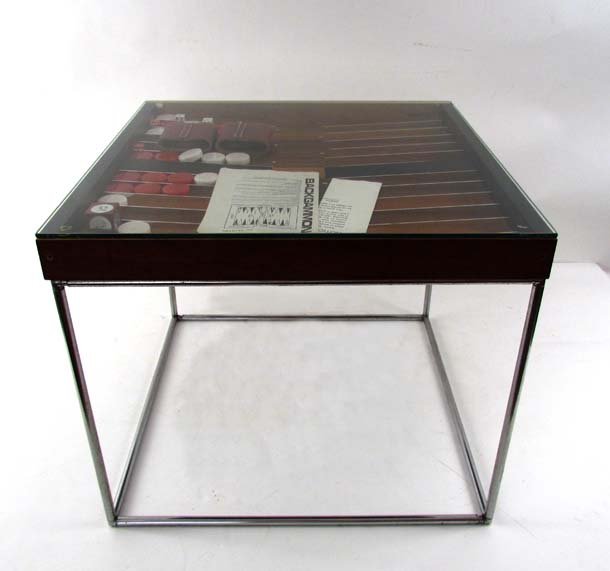 Austin Enterprises Backgammon Game Table: Artist: Austin Enterprises, Wadsworth Ohio Title: Austin Enterprises Backgammon Game Table made of African and Burmese Padak and chrome plated steel with pieces and glass top cover Date: 1973 Medium: