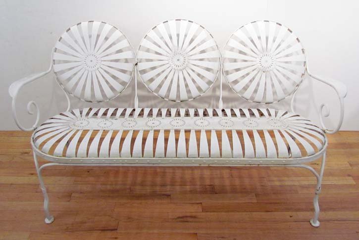 1930's Francois Carre Sunburst Spring Garden 3-seat: Artist: Carre, Francois Title: Sunburst Spring Garden settee Date: 1930s Medium: wrought iron Dimensions: 30 x 59.75 x 25 inches Provenance: Frances Debroff Collection