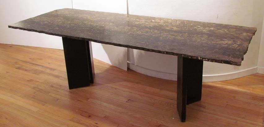 Attractive Brown Marble topped Dining Table by Erwin: Artist: Kalla, Erwin (American, 1935-2005) Title: Marble irregular Slab Dining Table, attractive brown variegated marble over black painted wood base Medium: marble and wood Dimensions: 29 x 90 x 33 i