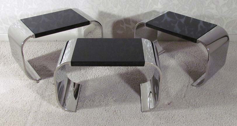 3 Knoll Chrome Inset marble topped side tables: Artist: Knoll Title: 3 Chrome Inset marble topped side tables Medium: chrome and black marble Dimensions: 14 x 24 x 12 inches Provenance: Dr. Charles Hohing,