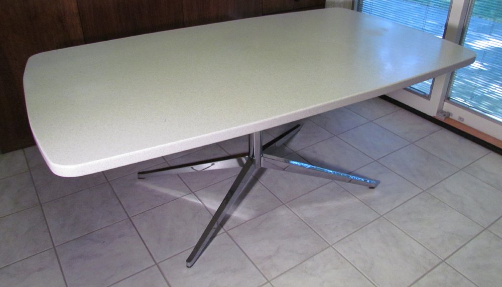 Florence Knoll Dining Table with Gibraltar Top Knoll: Artist: Knoll Title: Custom Dining Table Gibraltar Top Knoll Chrome base Date: 1961 Medium: chromed steel and composite Dimensions: 28 x 42 x 71.5 inches Provenance: Dr. Charles Hohing,