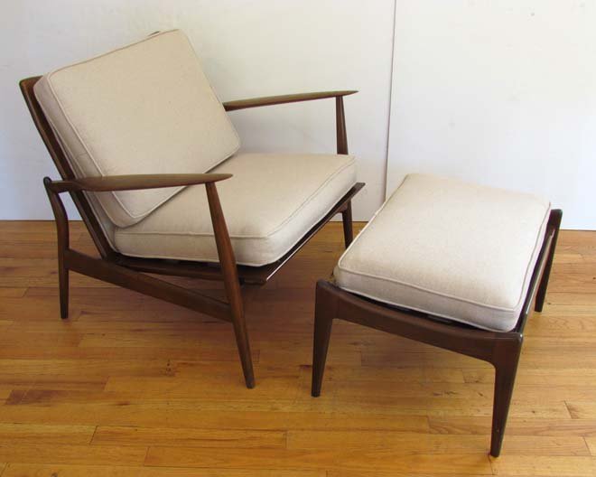 Kofod-Larsen/Selig Lounge Chair & Ottoman: Artist: Kofod-Larsen, Ib/Selig Title: Spear Arm Chair, model 544-15 with Ottoman Medium: walnut Dimensions: 26 x 24 x 29 inches Signature: Selig logo on the ottoman; chair marked "Made in Denmark"