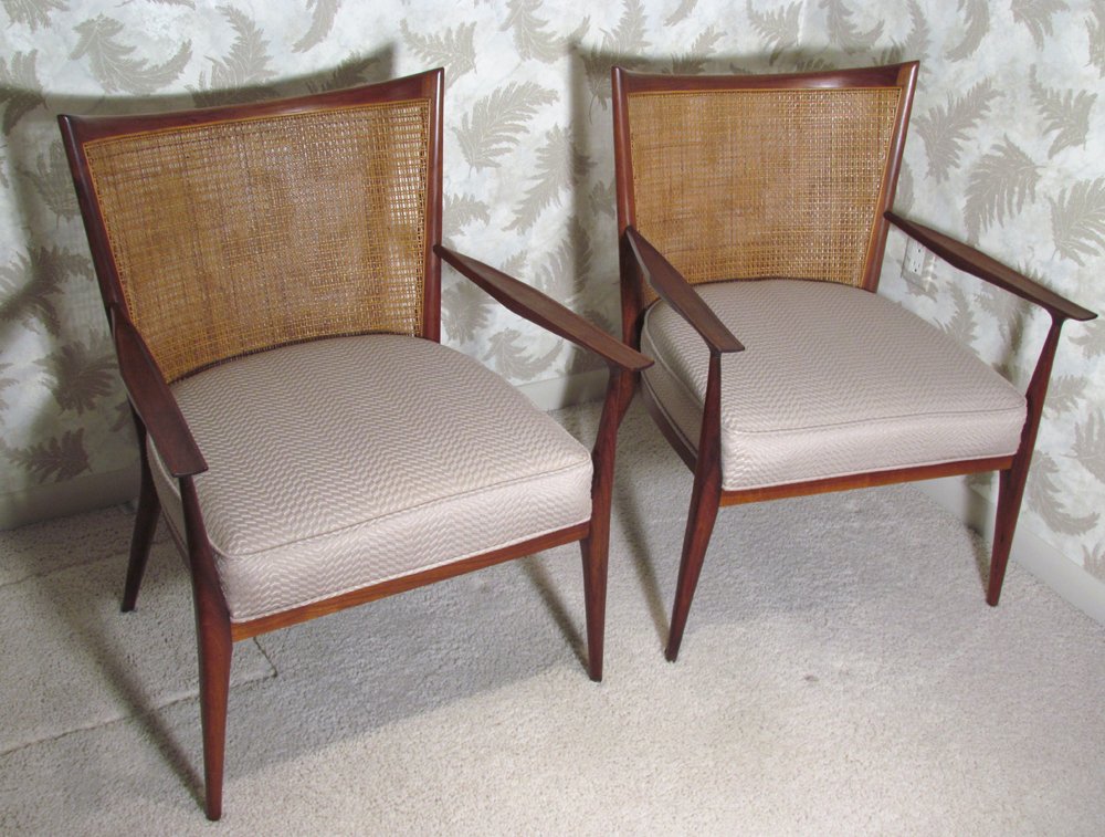 Paul McCobb walnut and rattan armchairs: Artist: McCOBB, PAUL; H. SACKS AND SONS Title: Paul McCobb walnut and rattan armchairs with beige upholstered seat Dimensions: 31 x 23 x 20 inches Provenance: Dr. Charles Hohing,