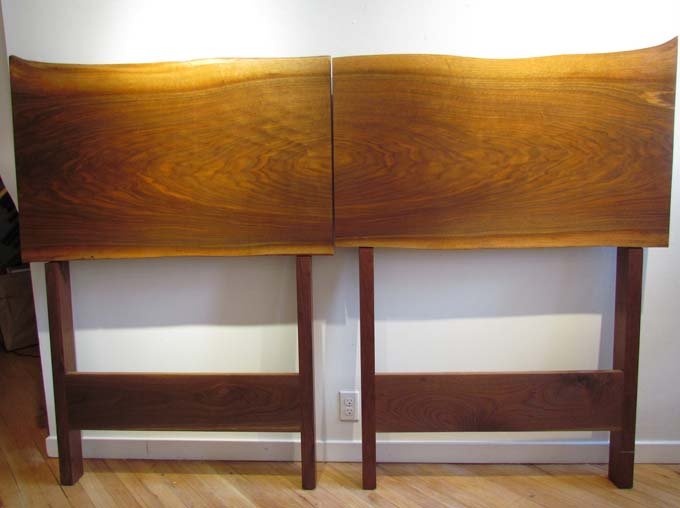 Pair of Mira Nakashima Twin Head Boards: Artist: Nakashima, Mira Title: Pair of Twin Headboards (previously used together for a king-sized bed) Date: 2008 Medium: walnut Dimensions: 58.75 x 42 x 3 inches (each) Signature: Inscribed Fo