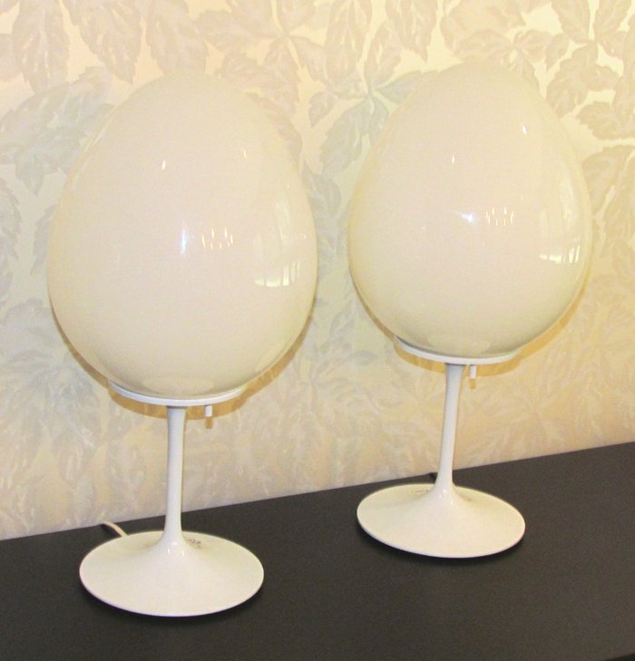 2 DESIGN LINE INC. "Stemlite" table lamp w: Artist: Stemlite by Design Line Inc., El Segundo Ca. 2 ""Stemlite"" table lamp with white ovoid glass shade and white enameled metal base " Medium: milk glass shade powder coated white metal Dimension