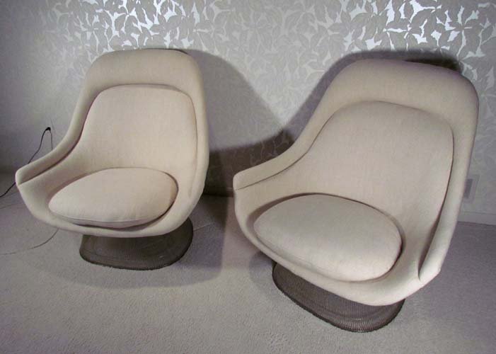 pair Warren Platner Lounge Chairs Model 1705: Artist: Warren Platner for Knoll Title: Pr Lounge Chairs Model 1705 Easy Chair for Knoll International Date: 1966 Medium: cream colored wool upholstery Dimensions: 38 x 39 x 22 inches Edition: