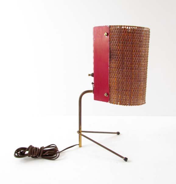 Attrib toTapio Wirkkala for Raymor vintage desk lamp: Artist: Wirkkala, Attributed to Tapio (Finland, 1915-1985) Title: Raymor vintage desk lamp with woven rattan shade with red aluminum mount and tripod legs Medium: Anodized aluminum, brass plated metal