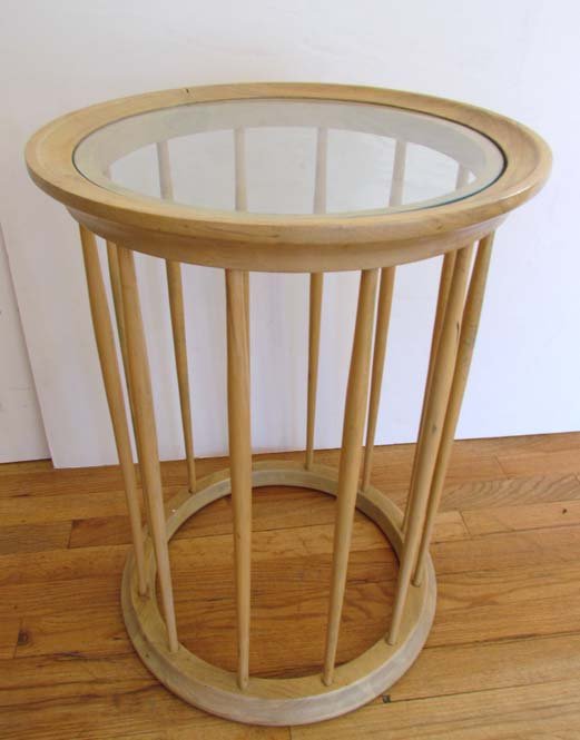 Glass topped bleached walnut Drum table: Title: Glass topped bleached walnut Drum table Medium: bleached walnut, glass Dimensions: 24 x 18 x 18 inches