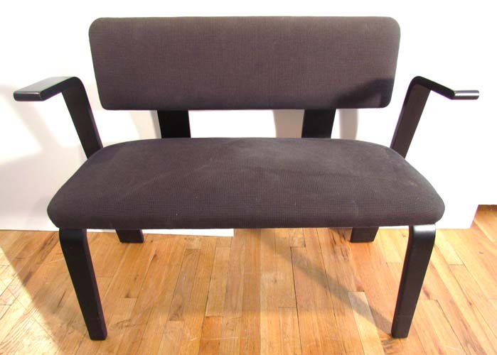 Black Modern Wooden Settee: Title: Black Modern Wooden Settee with Bent Wooden Arms Medium: fabric and black painted wood Dimensions: 31.75 x 40.5 x 19.5 inches Provenance: The Estate of Phylis and Erwin Kalla sold to benefit Ca