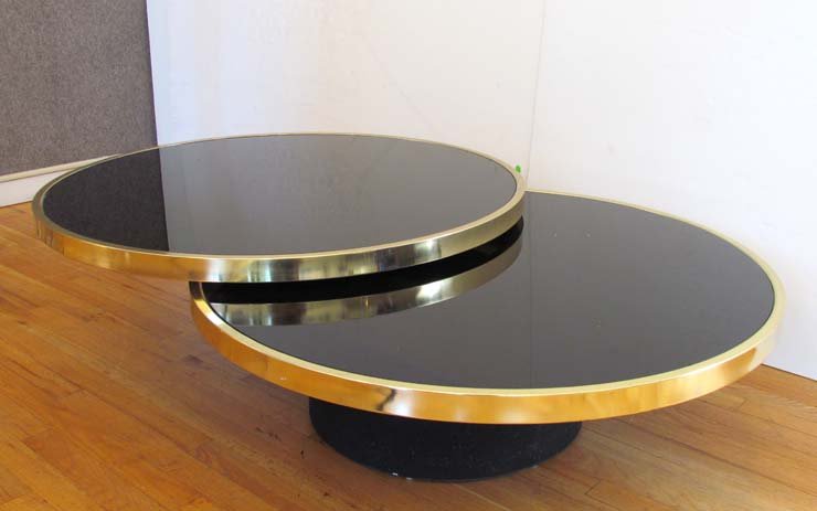 Karl Springer Style Brass & Black glass extendable: Title: Karl Springer Style Brass & Black glass extendable modern coffee table Medium: glass, brass Dimensions: 16 x 36 x 36 not extended