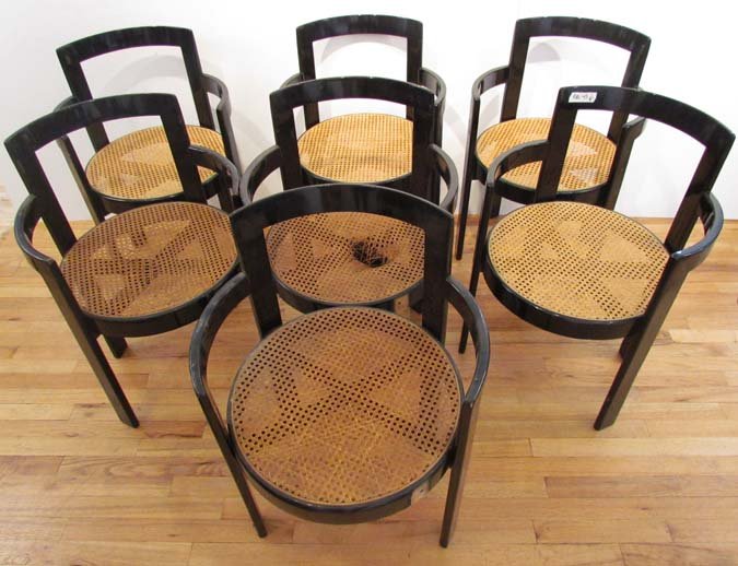 Set of 7 Lacquer Thonet Style Deco Barrel Chairs: Title: Set of 7 Lacquer Thonet Style Deco Barrel Chairs with cane seats Medium: lacquered wood, caning Dimensions: 31 x 19 x 19 inches Provenance: The Estate of Phylis and Erwin Kalla sold to benefit 