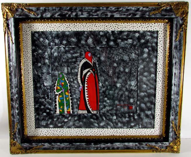 Norman Brown painting "2 Standing Indian Woman": Artist: Brown, Norman (Contemporary American) Title: Two Standing Indian Woman Date: 1993 Medium: acrylic on frame, board, and paper Dimensions: 24 x 28 inches Signature: signed and dated lower