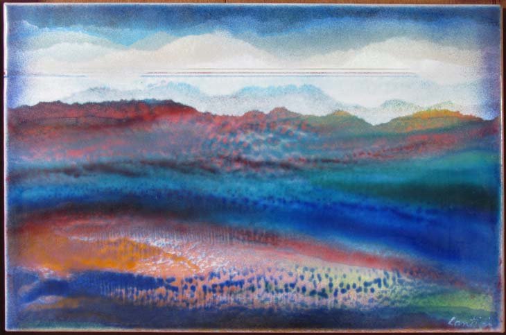 Virgil Cantini Landscape Enamel on metal painting: Artist: Cantini, Virgil (American/Western Pa. 1919-2009) Title: Landscape Medium: enamel on metal Dimensions: 12 x 18 inches Signature: Signed Cantini lower right Provenance: Acquired from the