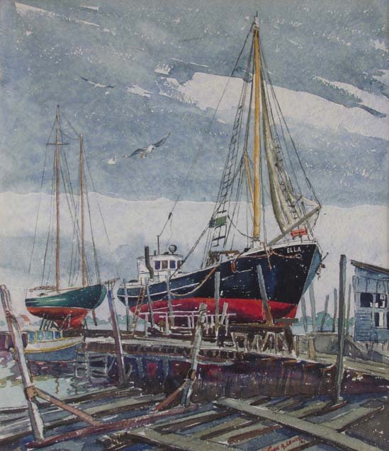 Cyril A Lewis 1944 watercolor "Dry Dock": Artist: Lewis, Cyril Arthur (British /American, born 1903) Title: Dry Dock Date: 1944 Medium: watercolor Dimensions: 23 x 20 inches Description: Cyril Lewis studied at the Birmingham College o