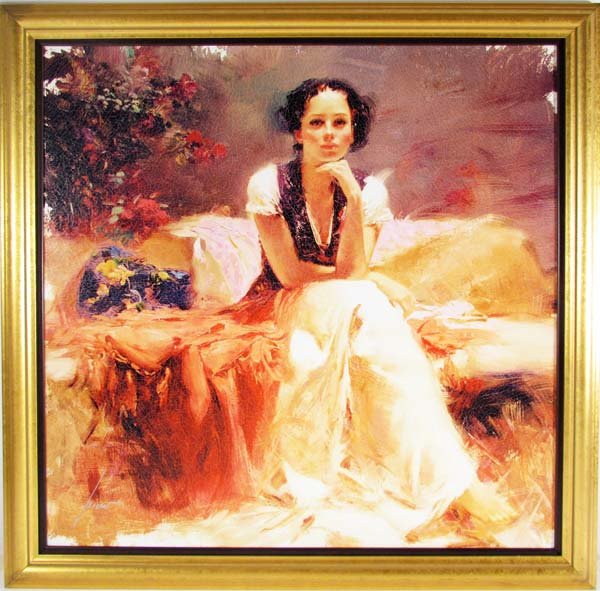 Pino orig giclée First Glance: Artist: Pino Daeni, born Giuseppe Dangelico (Italian, 1939-2010) Title: First Glance Medium: giclée on canvas with crackle glaze Dimensions: 32 x 32 inches Edition: 144/195 Signature: signed in