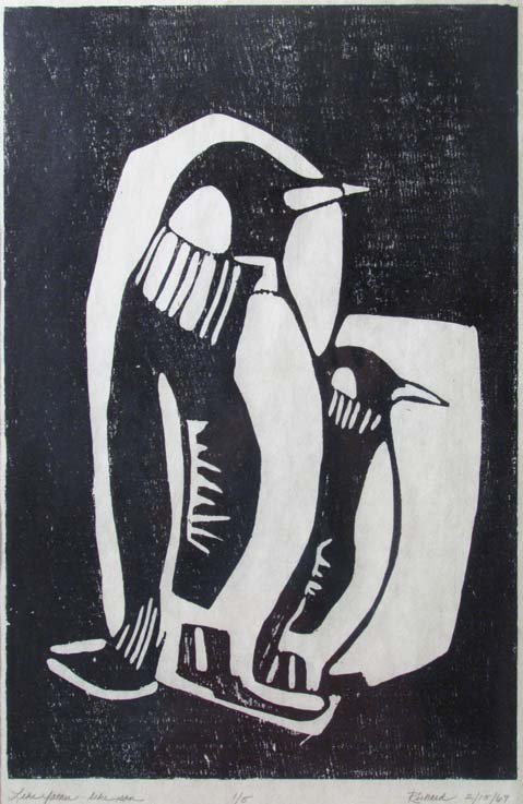 Richard Like Father Like Son Penguin Woodcut: Artist: Richard Title: Like Father Like Son Date: 1967 Medium: woodcut Dimensions: 17.5 x 11.5 inches Edition: 1 of 5 Signature: pencil signed, titled, dated, and numbered lower margi