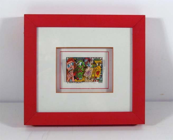 James Rizzi I Know a Secret 3D Lithograph: Artist: Rizzi, James (American, b. 1950) Title: I Know a Secret Date: 2002 Medium: 3-D lithograph Dimensions: 2 x 3 inches Edition: 57/350 Signature: Pencil signed and numbered