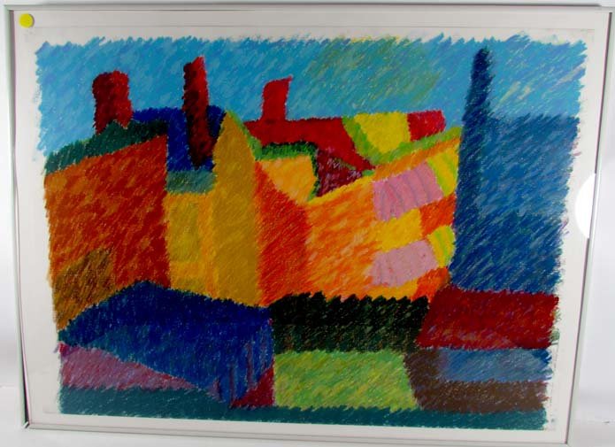 Diane Samuels crayon drawing "View From Sampsonia Way": Artist: Samuels, Diane (Contemporary American) Title: "Rooftops" (View From Sampsonia Way) Date: 1984 Medium: crayon & craypas drawing Dimensions: 22 x 30 inches Signature: signed, dated, and t