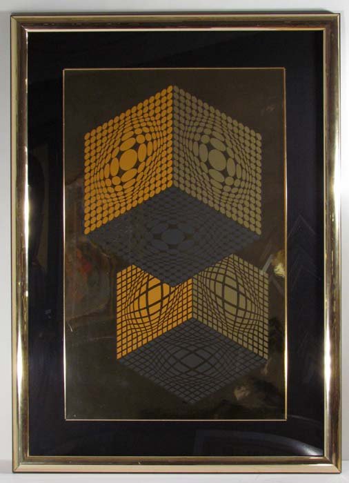 Victor Vasarely orig serigraph "Vega Kocka": Artist: Vasarely, Victor (Hungarian/French 1908-1997) Title: "Vega Kocka" Date: 1987 Medium: Serigraph printed in colors on Gold Foil Paper Dimensions: 37 x 24 inches sheet size Edition: 142/1