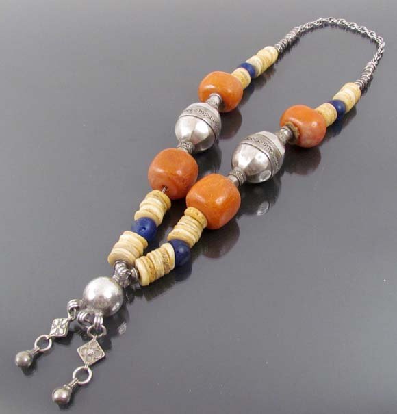 Ruth Frank Necklace w Ant Afghan Beads: Artist: Frank, Ruth O. (American, b 1921) Title: Ruth Frank Necklace with antique middle eastern beads of bone, glass, and silver beads Medium: silver, bone, glass beads Dimensions: 34 inches long