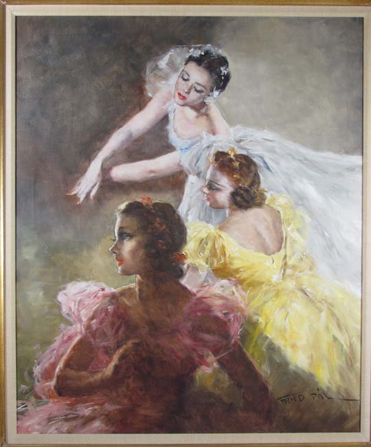 Pal Fried oil on canvas "Three Ballerinas" : Artist: Fried, Pal (Hungarian American, 1893-1976) Title: Three Ballerinas oil on canvas by Pal Fried Medium: oil on canvas Dimensions: 30 x 24 inches Description: Pál Fried was a Hungarian artist. H