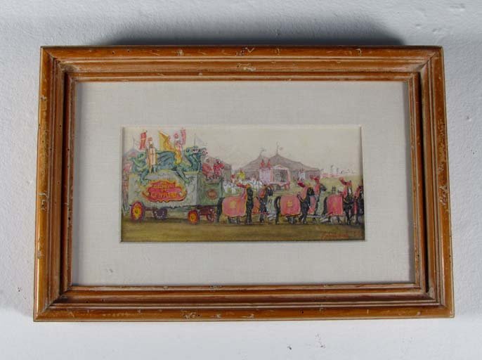 Robert Barbour Johnson watercolor: Artist: Johnson, Robert Barbour (Am. 20th cent.) Title: Circus train with big top Dimensions: 3.25 x 7.25 inches Description: Randolph Laub label verso Signature: signed lower right Frame Type: