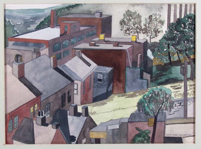 Anna Mae McCormick wc of Pittsburgh Neighborhood: Artist: McCormick, Anna Mae ( American/Pittsburgh) Title: Anna Mae McCormick watercolor "October Mood", a Pittsburgh rooftop landscape with smokestacks in background Date: ca 1947-48 Medium: watercolo