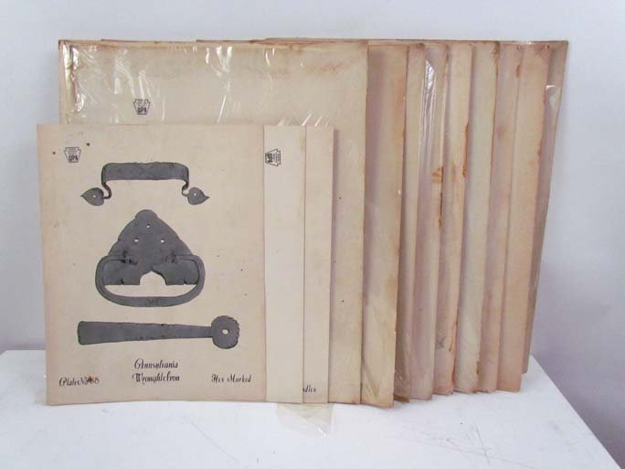12 WPA hand colored prints of Historic Pa. Ironwork: Artist: WPA Extension Project Branch #7 Title: Pa. Ironwork including Hinges and Hasp Conestoga Wagon + Iron Hinges, Boot Scraps Medium: hand colored pochoir on paper Dimensions: 14 x 11 inches with s