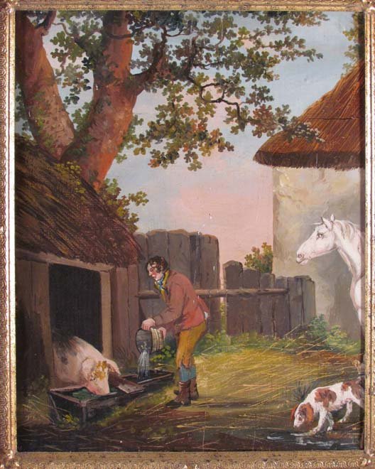 English school oil painting of a barnyard scene: Title: English school oil painting of a barnyard scene Date: early 20th century Medium: oil on board Dimensions: 19 x 15.5 inches Signature: a British import label verso Frame Type: gilded
