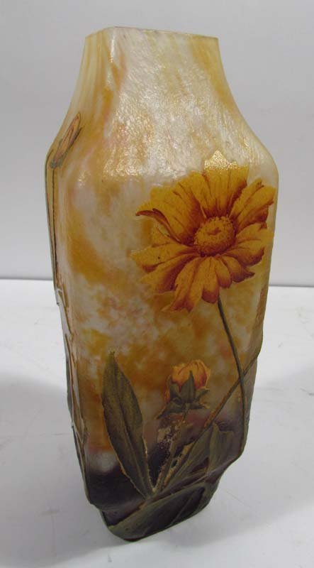 Fine Daum Nancy cameo glass vase: Artist: Daum Nancy Title: Fine Daum Nancy cameo glass vase with enameled flowers and leaves Dimensions: 7.5 x 4.25 x 3.25 inches Signature: signed on side Daum Nancy with cross of Lorraine