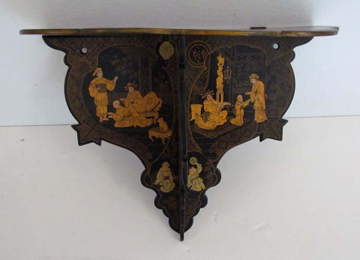 Oriental Export papier Mache' decorated folding shelf: Title: Oriental Export papier Mache' decorated folding shelf Date: 19th cen Medium: papier mache' Dimensions: 11 x 14 x 12 inches Frame Size: