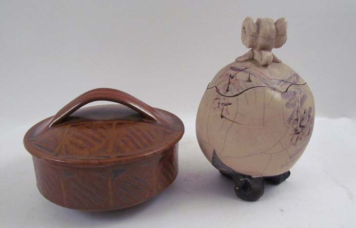 2 Covered Pots, Cohen and Bringle: Artist: Cohen & Bringle Title: Covered Casserole and Lidded Egg Shaped Vase Medium: glazed ceramic lidded pots Dimensions: 6.5 x 10 x 10 inches Signature: Bringle pc. Signed on underside Provenance