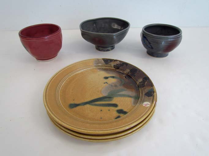 Dale Huffman 3 Plates and 3 small bowls: Artist: Huffman, Dale and Betsy (Contemporary Ceramicists) Title: 3 studio arts movement decorated plates and 3 small decorated bowls Medium: glazed stoneware Dimensions: plates 8.5 inches in diameter