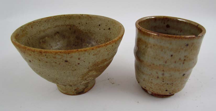 Warren MacKenzie teacup and small bowl: Artist: MacKenzie, Warren (American born 1924 -) Title: Small Bowl and Tea cup Medium: glazed stoneware Dimensions: 3.25 x 5 x 5 inches Signature: both with Mackenzie monogram Provenance: Elvi