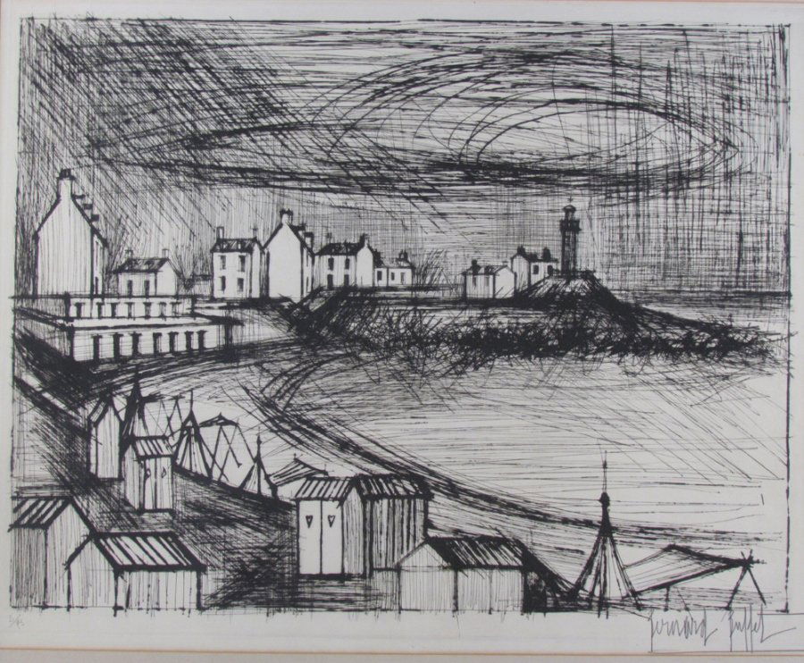 Bernard Buffet etching of Harbor Scene: Artist: Buffet, Bernard (French, b. 1928) Title: Bernard Buffet etching of Harbor Scene with Lighthouse Medium: etching Dimensions: 26.75 x 32.25 Edition: 2 of 75 Signature: pencil signed lowe