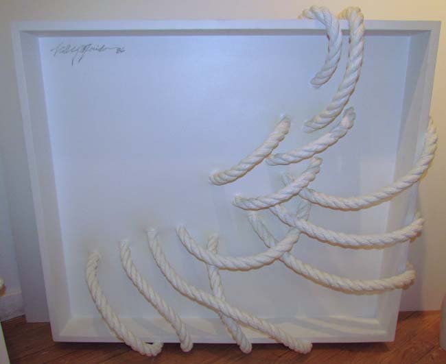 Lilly Florida diptych " Structure Series #14" (2 pc.s): Artist: Florida, Lilly (20th / 21st Century American Artist) Title: Structure Series #14 (diptych) Date: 1986 Medium: mixed media painted canvas, rope, and shadow box Dimensions: 32 x 36 x 6 inches ea
