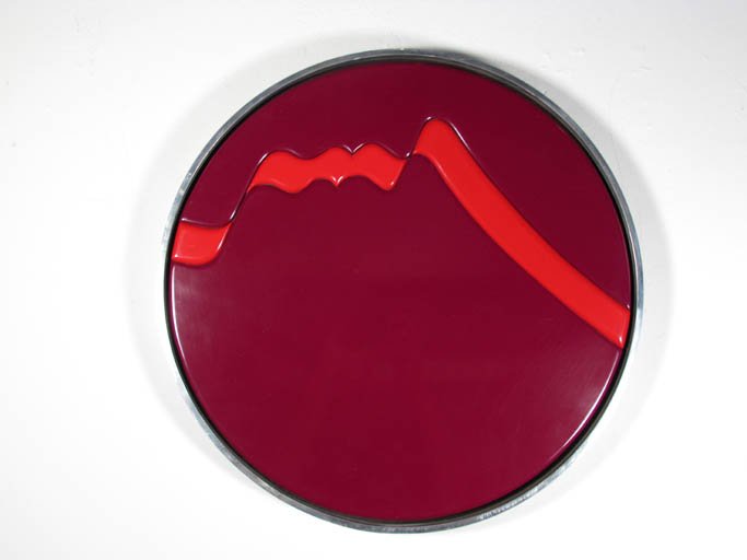 John Freeman "Red Ribbon" round Painting: Artist: Freeman, John (Am. 1922-2005) Title: Red Ribbon Medium: acrylic on masonite Dimensions: round, diam. 16.25 Provenance: Columbus Museum of Art Frame Size: round, diam. 17.25