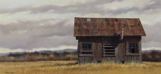 A. Hale Johnson ptg. "Baling Twine": Artist: Johnson, A. Hale (20th/21st Century American) Title: Baling Twine Date: 1987 Medium: oil on masonite panel Dimensions: 14 x 30 inches Description: Hale Johnson, a native of New Jersey,