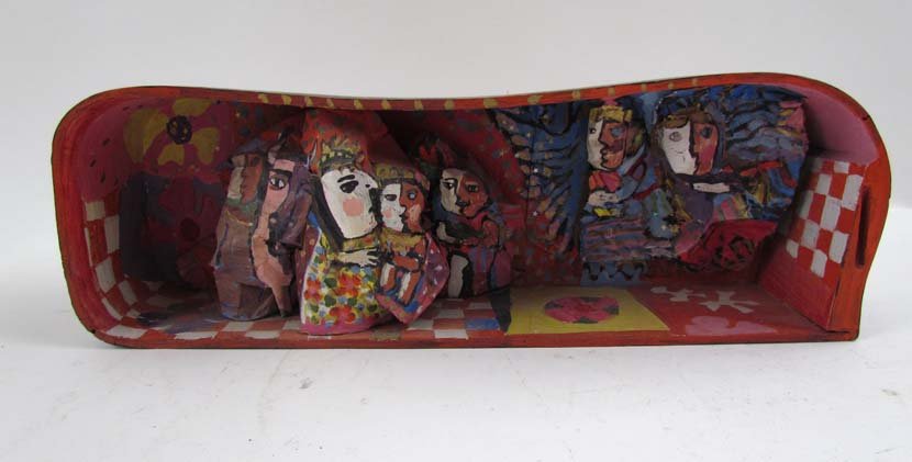 Marie Kelly painted paper collage in shadow box: Artist: Kelly, Marie Tuicillo (American 1917-2001) Title: Many Figures in a Room Visited by Angels Date: circa 1970 Medium: painted collage and shadow box frame Dimensions: 5.5 x 16 x 4 inches Prov
