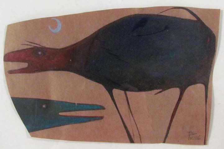 David Lewis 1986 drawing Moon Topics: Artist: Lewis, David (South African/American born circa 1918) Title: Moon Topics Date: 1986 Medium: gouache on shopping bag paper Dimensions: 5 x 8.5 inches Signature: signed and dated lower r