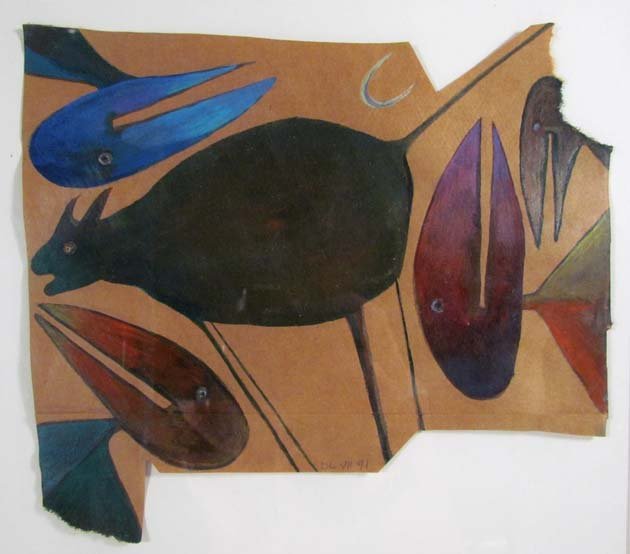 David Lewis "Timid Cat Oppressed by Raucous Birds": Artist: Lewis, David (South African/American born circa 1918) Title: Timid Cat Oppressed by Raucous Birds Date: 1991 Medium: gouache on shopping bag paper Dimensions: 7.25 x 8.5 inches Signature: