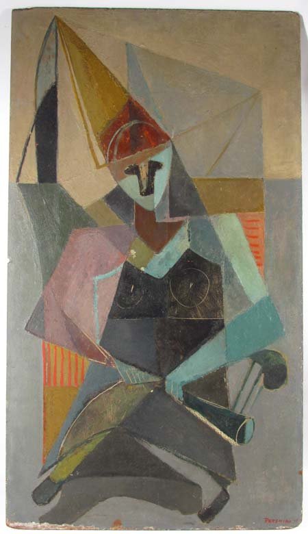 Louise Pershing ptg. Seated Female Figure with Horn: Artist: Pershing, Louise (American, 1904-1986) Title: Seated Female Figure with Horn Date: 1949 Medium: oil on masonite panel Dimensions: 32 x 18 inches Signature: signed and dated Pershing 49