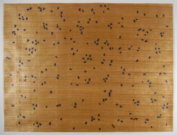 Edward Ruscha 1972 orig serigraph on wood "Flies": Artist: Ruscha, Edward Joseph (American , born 1937) Title: Flies (Engberg #60) , from Insects (from a portfolio of six screenprints) Date: 1972 Medium: serigraph printed in colors on wood veneer Dime