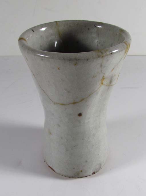 Warren MacKenzie small vase with thick glaze: Artist: MacKenzie, Warren (American born 1924 -) Title: small vase with thick glaze and kiln cracks Medium: glazed stoneware Dimensions: 6 inches tall Signature: signed with the artist's monogram stam