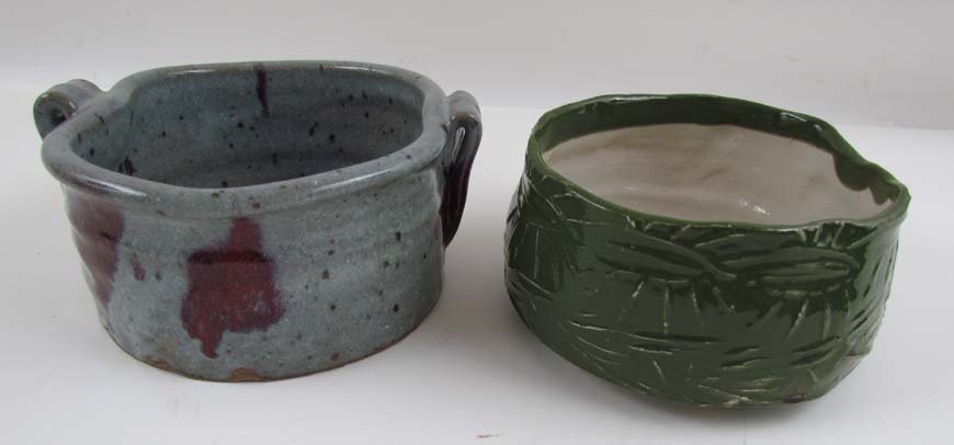 2 Kirk Mangus glazed ceramic bowls: Artist: Mangus, Kirk (Contemporary American Ceramicist) Title: Red and Blue Glaze with Handles and bright green glaze Medium: glazed ceramics Dimensions: 3.25 x 7.5 x 6.25 inches and smaller Provenanc